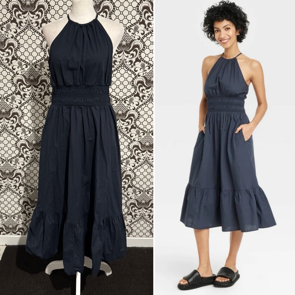 🆕 A NEW DAY 🎯 high neck sleeveless sun dress navy blue pockets | Sz M
